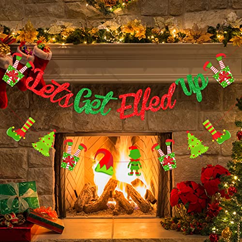 Christmas Holidays Decorations Red And Green - Let's Get Elfed Up Banner , Merry Christmas Banner Garland For Mantle Fireplace Winter Holiday Indoor Outdoor Party Supplies #TOP3