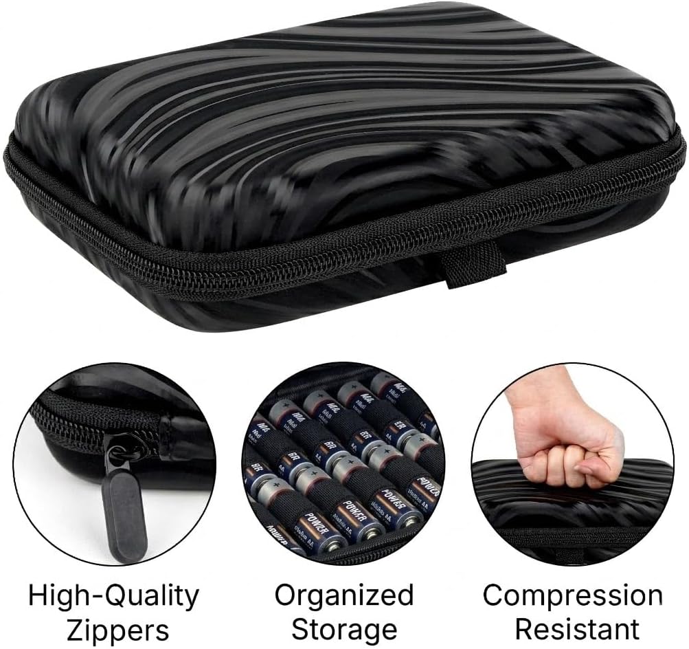 Hard Case Battery Organizer Storage Box, Portable Holder and Carrying Container for 36 AA, AAA Cells, Compact Travel Storage Case (Black)