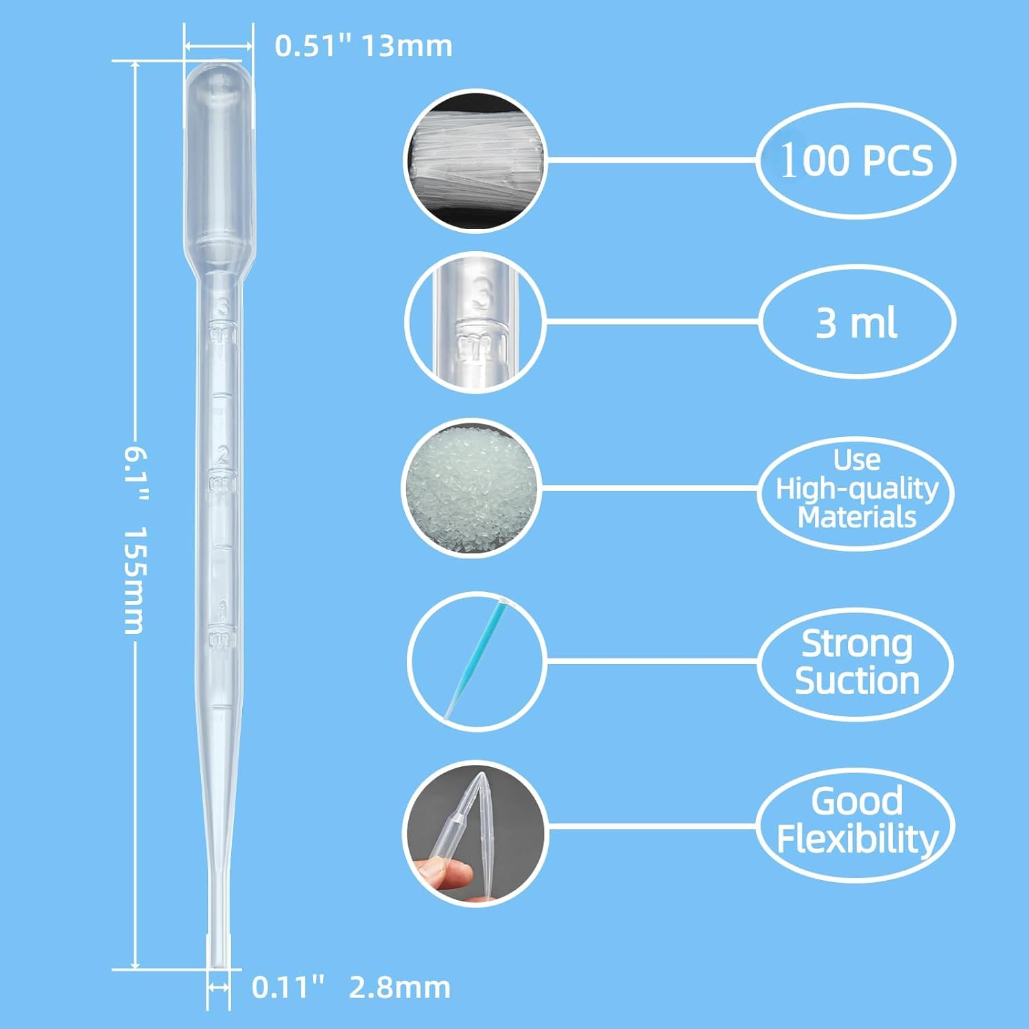 100 pipet, 3 ml, jednorazowe pipety z tworzywa sztucznego, ze skalą, do eksperymentów laboratoryjnych, do eksperymentów w klasie, perfumy, olejki eteryczne