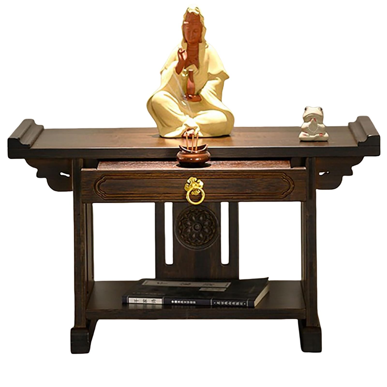 Table de méditation en bois avec plateau rétractable et support de statue