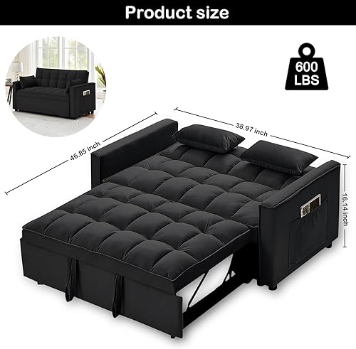 Miniatura 2 de Sofá cama convertible de terciopelo de 55 pulgadas, sofá futón 3 en 1 con cama extraíble, sofá biplaza moderno con respaldo ajustable, 2 almohadas y