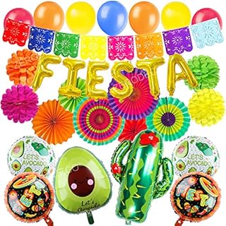 ZERODECO Fiesta Party Supplies, Multicolor Picado Banner Fiesta Cactus Avocado Foil Balloons Paper Fan Pompoms Bunting Banner for Fiesta Mexican Cinco De Mayo Frida Kahlo Party Decorations