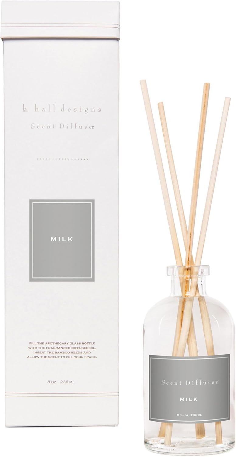 K. Hall Designs Milk Scent Boxed Diffuser Kit, Creamy-Sweet Scent with Coconut & Vanilla, Reed Diffuser Set for Home, Long Lasting Aroma Diffuser, Refillable, 8 fl oz