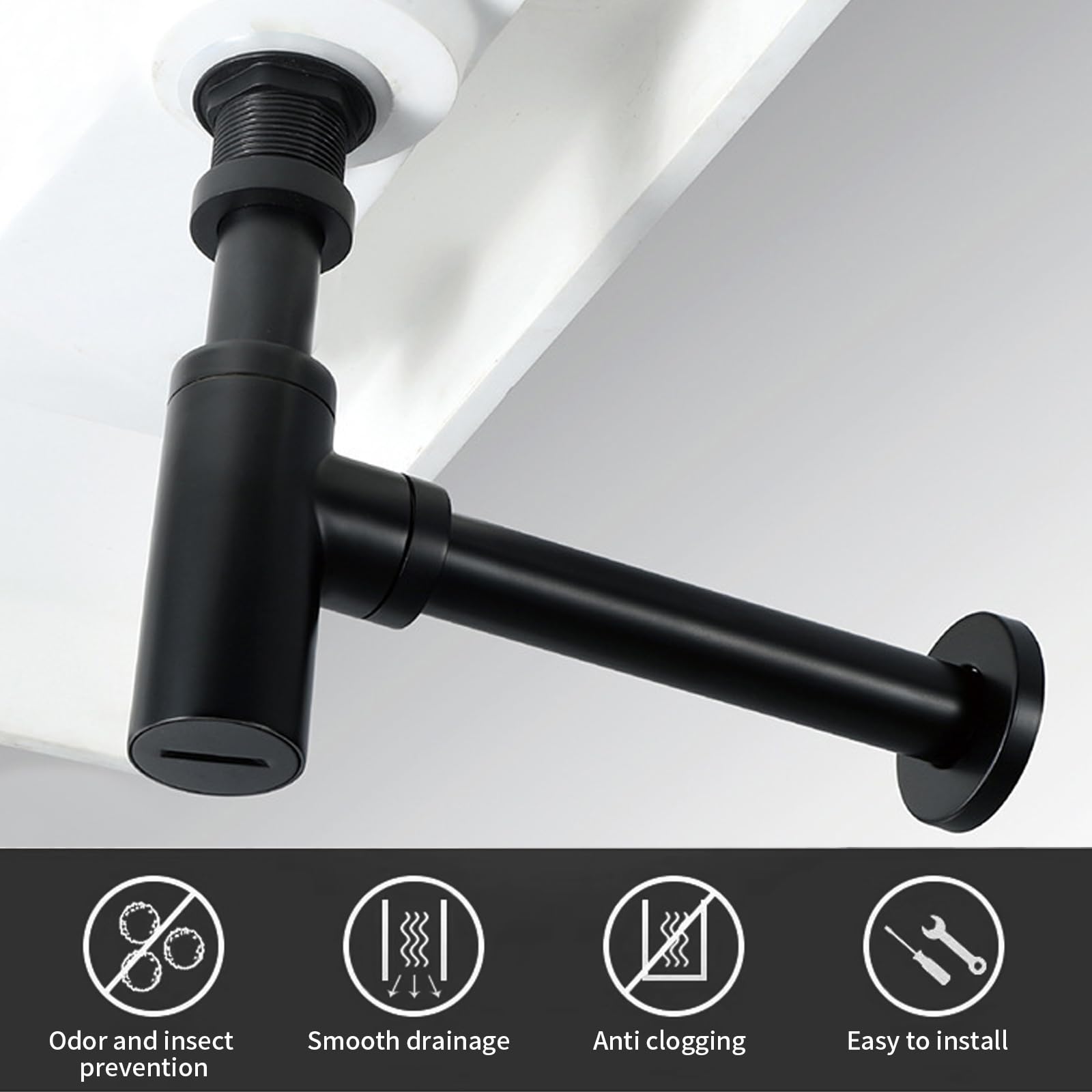 Design Siphon Waschbecken mit Ablaufgarnitur mit Überlauf, Universal Röhrensiphon Abflussrohr und Ablaufventil Pop Up, Messing Syphon Sifon Pop Up Abflussgarnitur Abfluss Waschtisch Bad Schwarz (C)