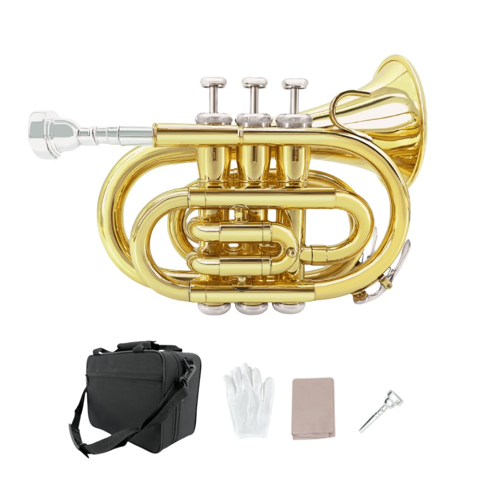 Trompette de poche en laiton nickelé avec embouchure 7C, kit de nettoyage, étui de transport, gants pour débutants/étudiants (doré)