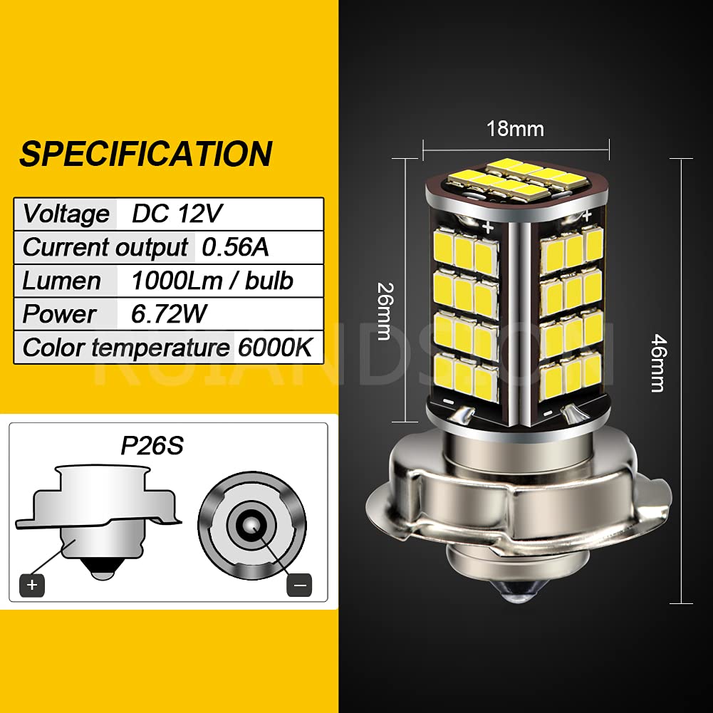 Ruiandsion 2pcs DC 12V P26S LED Lampadina motociclo Moto Faro Super Bright 3030 56SMD Chipset 6000 K Bianco