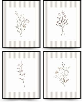 Wheatwin Floral Wall Art Decor, Cottagecore Wildflower Botanical Poster Prints, Neutral Striped Floral Wall Decorations for Girly Room Bedroom Home Living Room Decor, 8x10 Inches Unframed Set of 4