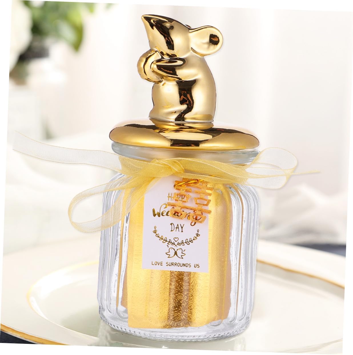 DOITOOL Glass Candy Jar with Ceramic Animal Lid, Gold-plated Sealed Glass Snacks Canister, Holiday Party Favor Candy Storage for Wedding