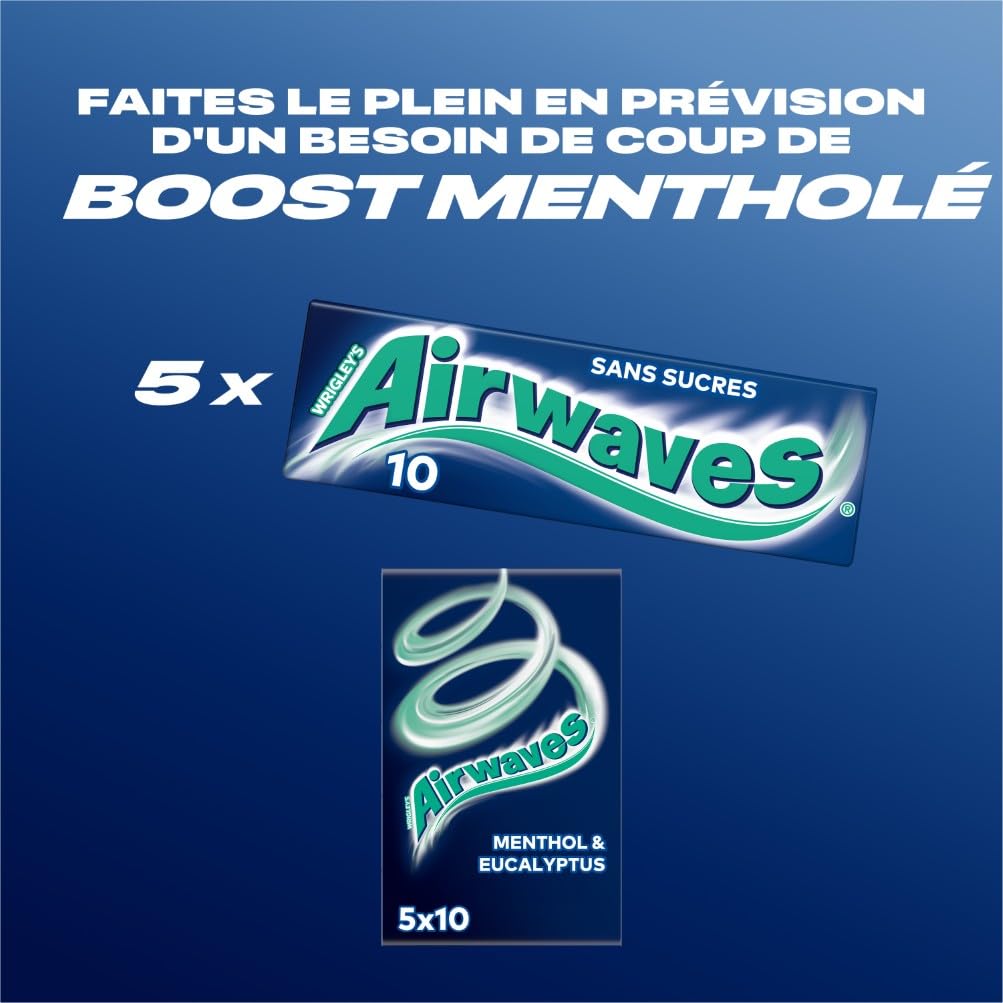AIRWAVES Chewing Gum Sans Sucre Goût Menthol Eucalyptus Longue Durée 5 Paquets 10 Dragées 70g