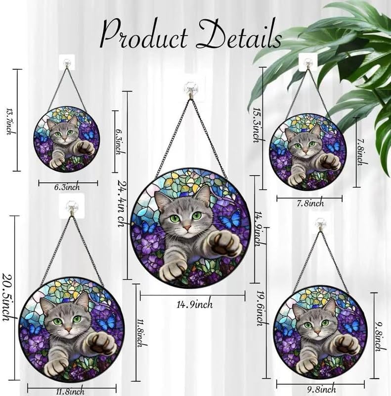 Stained Glass Window Hanging Cat Suncatcher with Butterfly Design, Round Window Hanging Decor, Colorful Sun Catcher for Home, Garden & Gifts for Cat Lovers