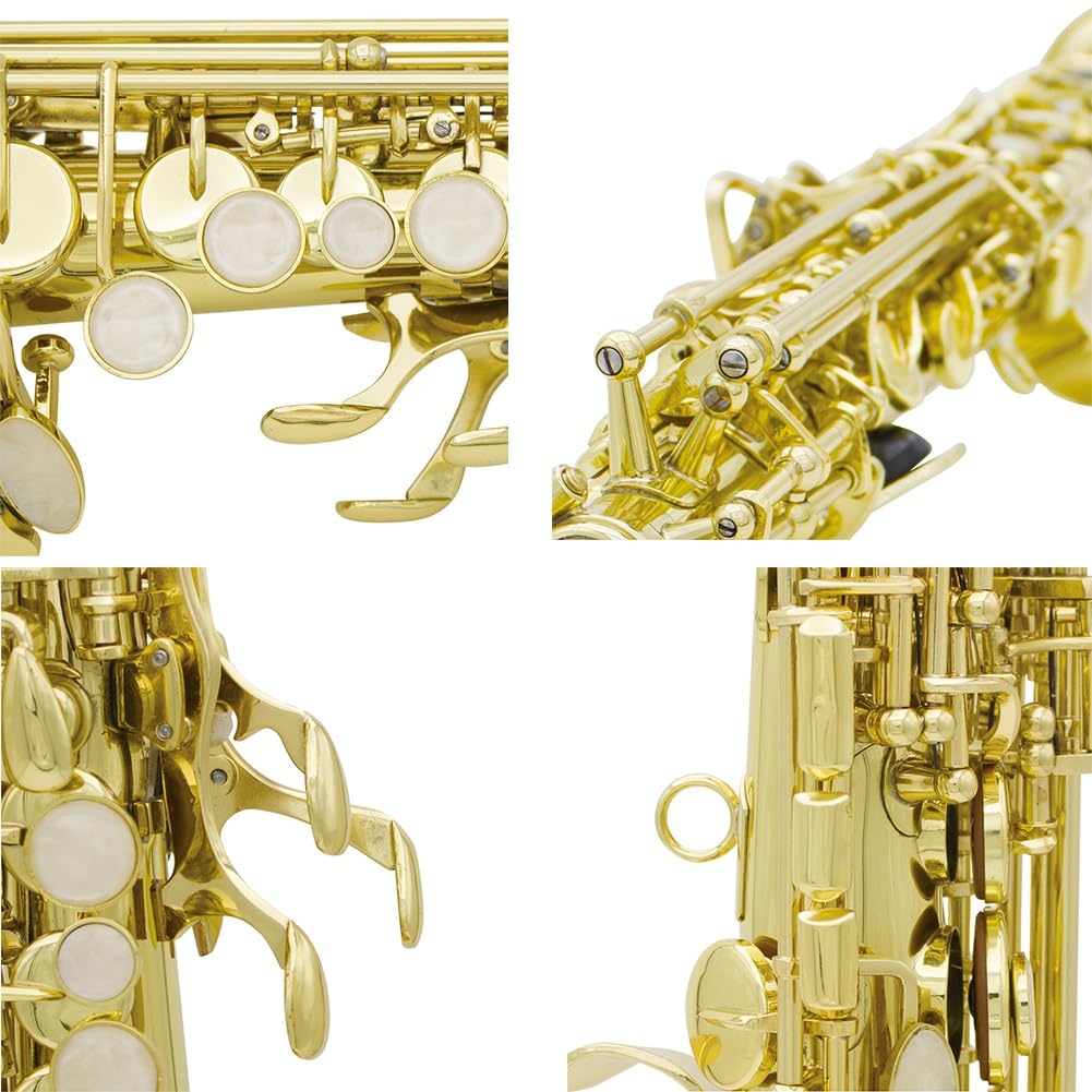 Saxofón soprano Bb recto de latón profesional, instrumento de viento de madera plano Bb B, patrón tallado con estuche de transporte, guantes, correas de paño de limpieza, kit para principiantes (Colo