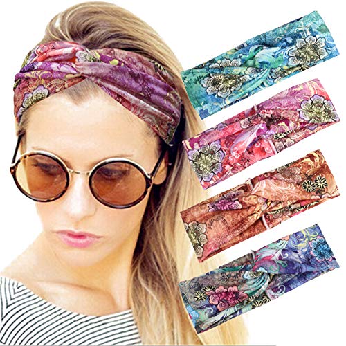 Elacucos Headbands For Women Criss Cross Boho Floal Style Head Bands For Women's Hair 4 Pack #TOP15