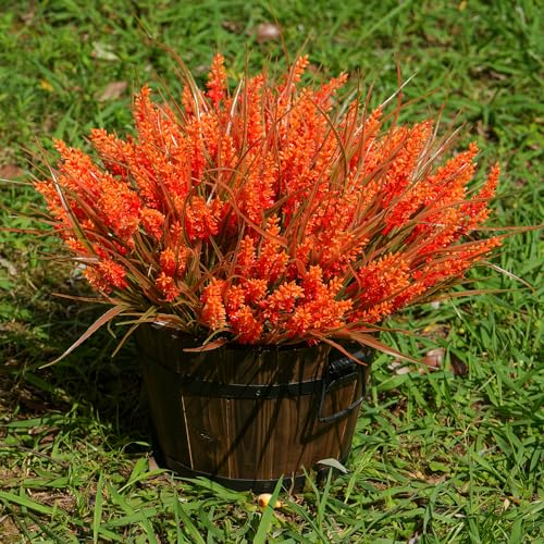 20 Bundles Artificial Plants Outdoor, UV Resistant Fake Flowers, Realistic Faux Lavender Shrubs for Porch Garden Window Box Home Decoration (Fall Orange)