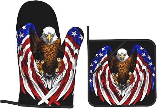 Miniatura 9 de Juego de manoplas de horno y soportes para ollas con diseño de águila patriótica con bandera de Estados Unidos, alta resistencia al calor,