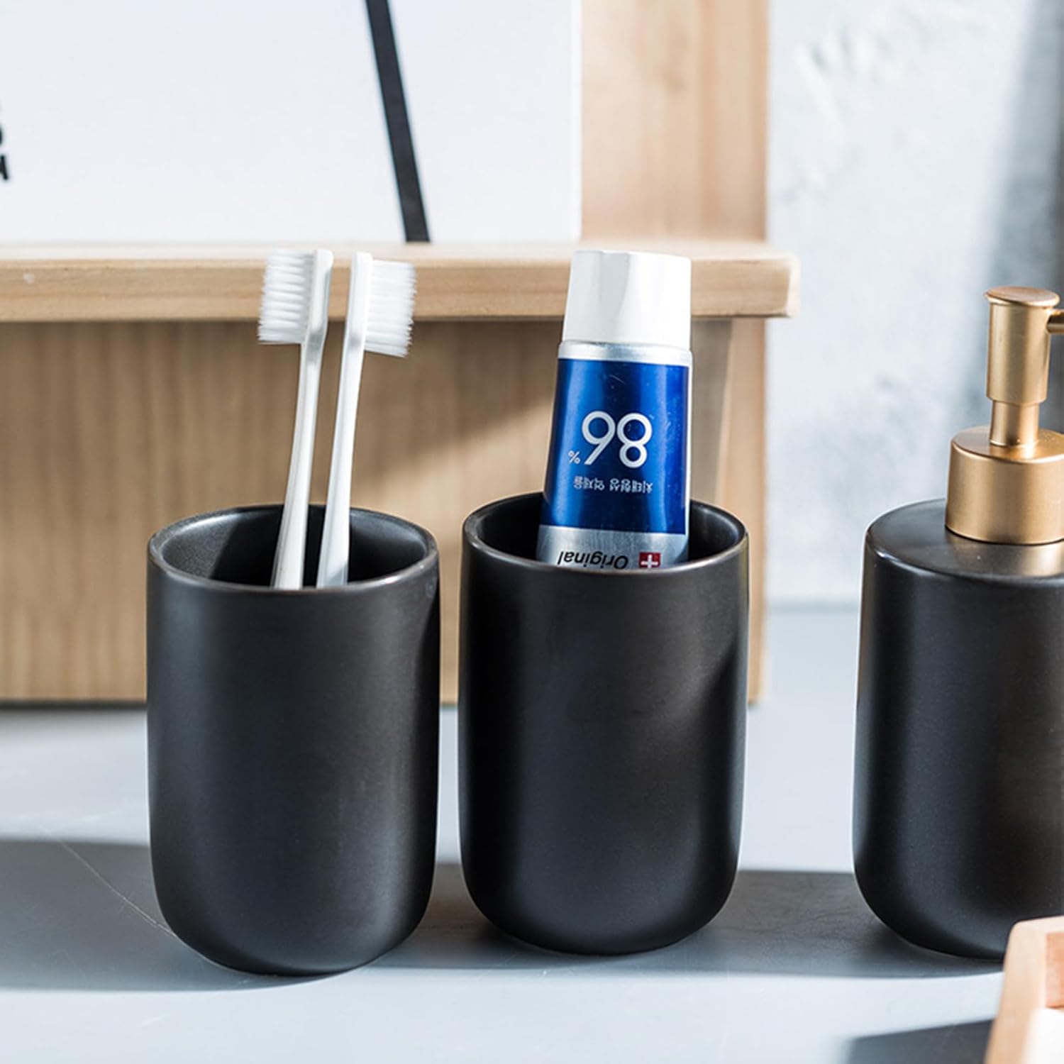 Bathroom Counter Vanity Organizer Accessories Sets Lotion Dispenser Soap Toothbrush Holder Dish Modern Decor Accessory Set Toothbrush Dish Tray Counter Qtip Dispenser Tray for Decor Countertop