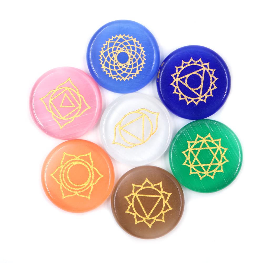Tiardey Gold Healing Stones - 7 Polished Round Engraved Stones Reiki Healing Opal Balance Chakras Holistic Stones -7 Carved Characters Chakra Stones