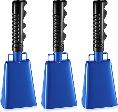 Paquete de 3 campanas de vaca azules con asas, campana de animación para eventos deportivos, juegos de fútbol, escuela sólida grande, instrumentos
