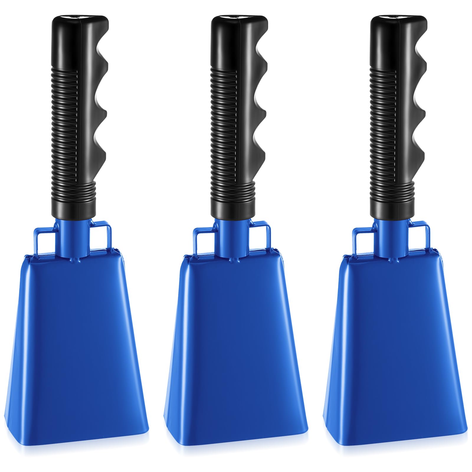 Photo 1 of 3 Pack Blue Cow Bell Noise Makers with Handles, Cowbell Cheering Bell for Sporting Events, Football Games, Large Solid School, Musical Instrument Cowbell Alarm Cheers for Farm Games, 3 x 2 x 9 Inch