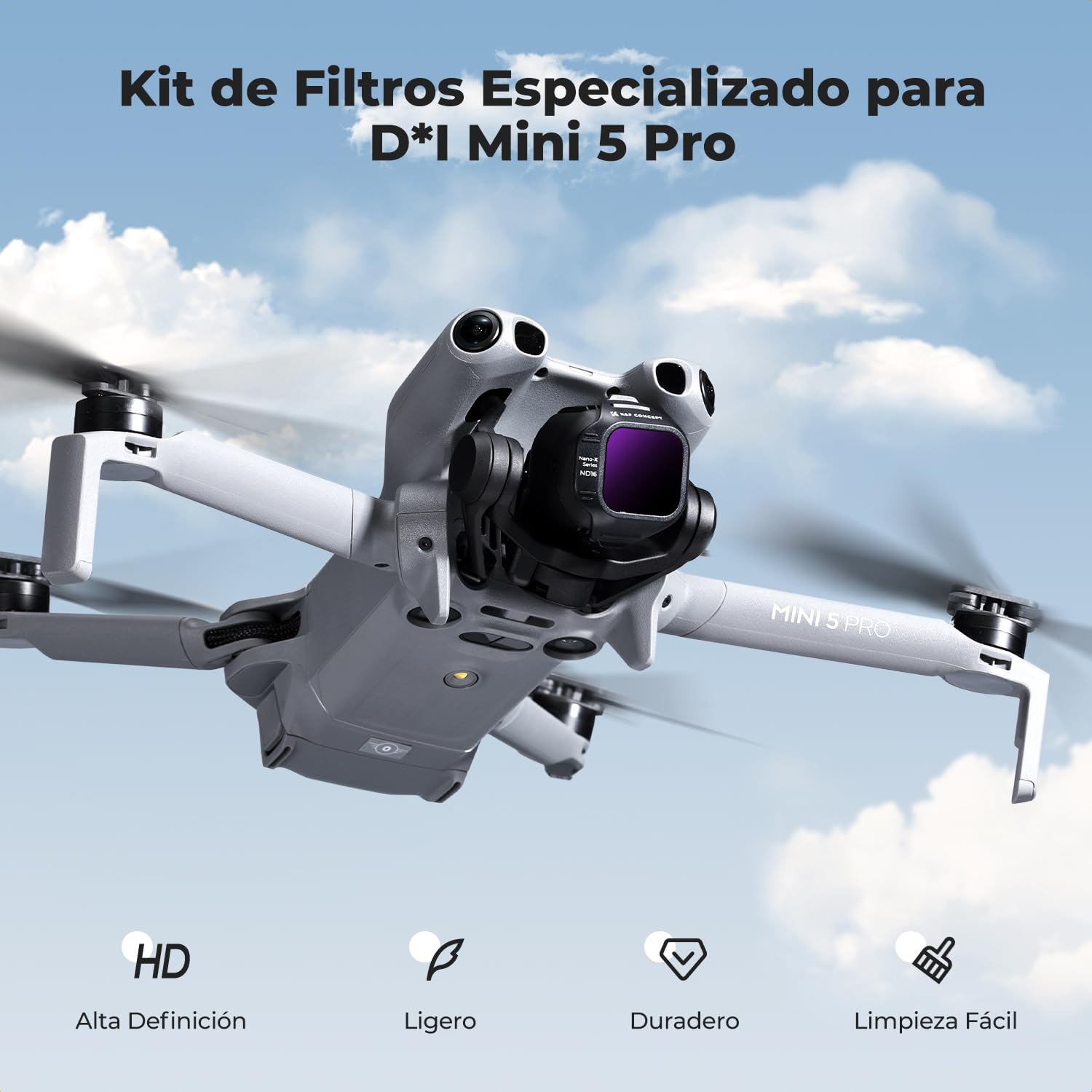 K&F CONCEPT Kit de 6 Filtros (CPL/ND8/ND16/ND32/ND64/ND128) HD para dji Mini 5 Pro - Lente HD Antirreflejos, Impermeable, Incluye Paño de Limpieza