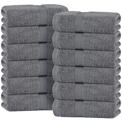 White Classic Wealuxe Grey Hand Towels for Bathroom 12 Pack, Cotton Hand Towel Bulk for Gym, Spa and Salon, Soft Extra Absorbent Quick Dry 16x27 Inch