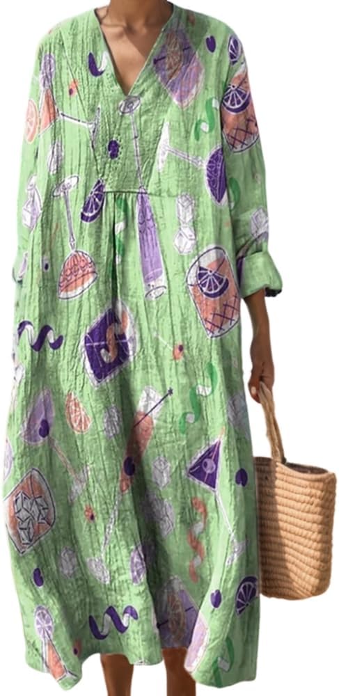 Akivide Women's Oversized Smocked Long Sleeve Boho Dress Spring Summer Casual Floral Print V Neck Maxi Dresses for Women