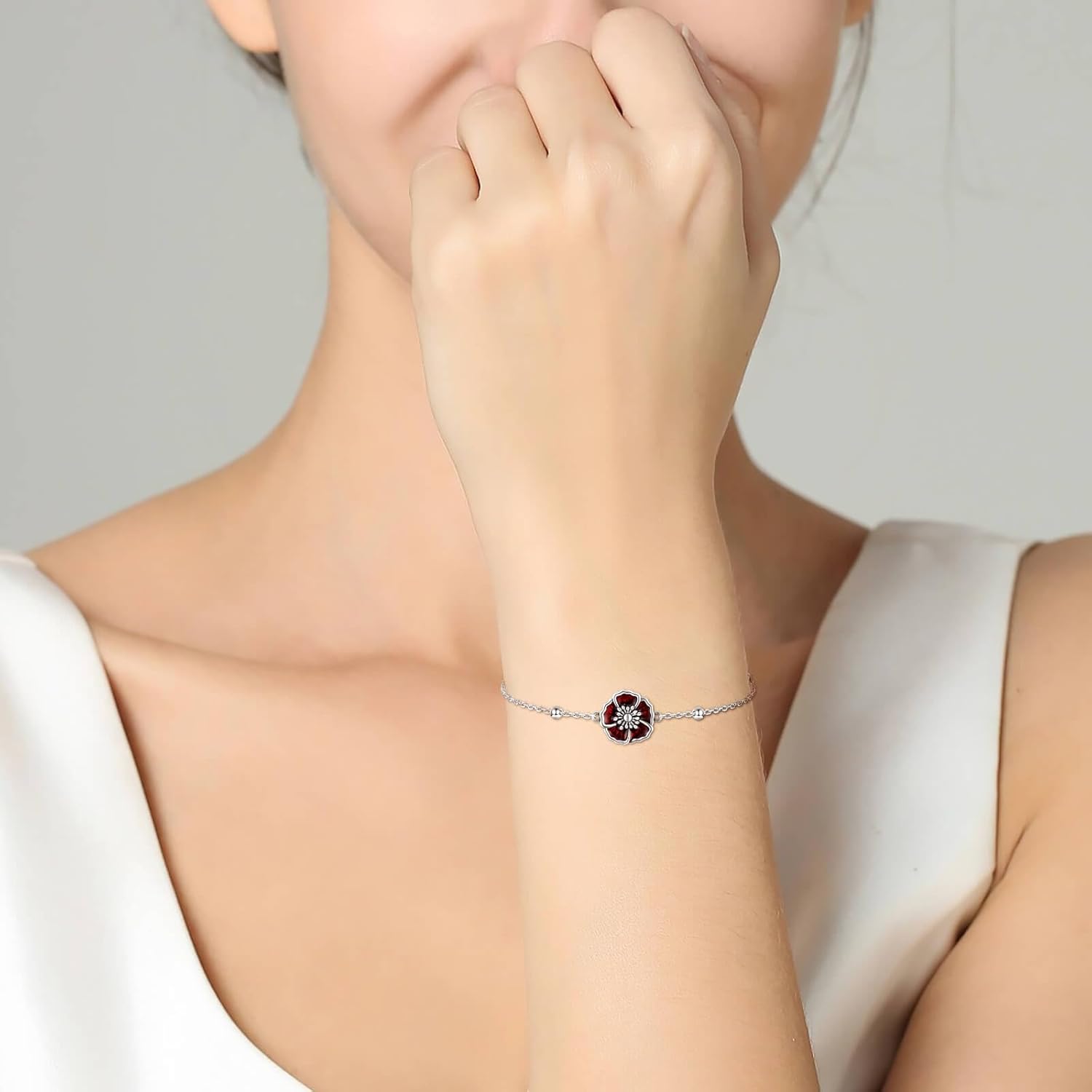 Poppy Bracelet 925 Sterling Silver for Women-Flower Jewelry Elegant Adjustable Chain Memorial Day Remembrance Gifts - Image 2