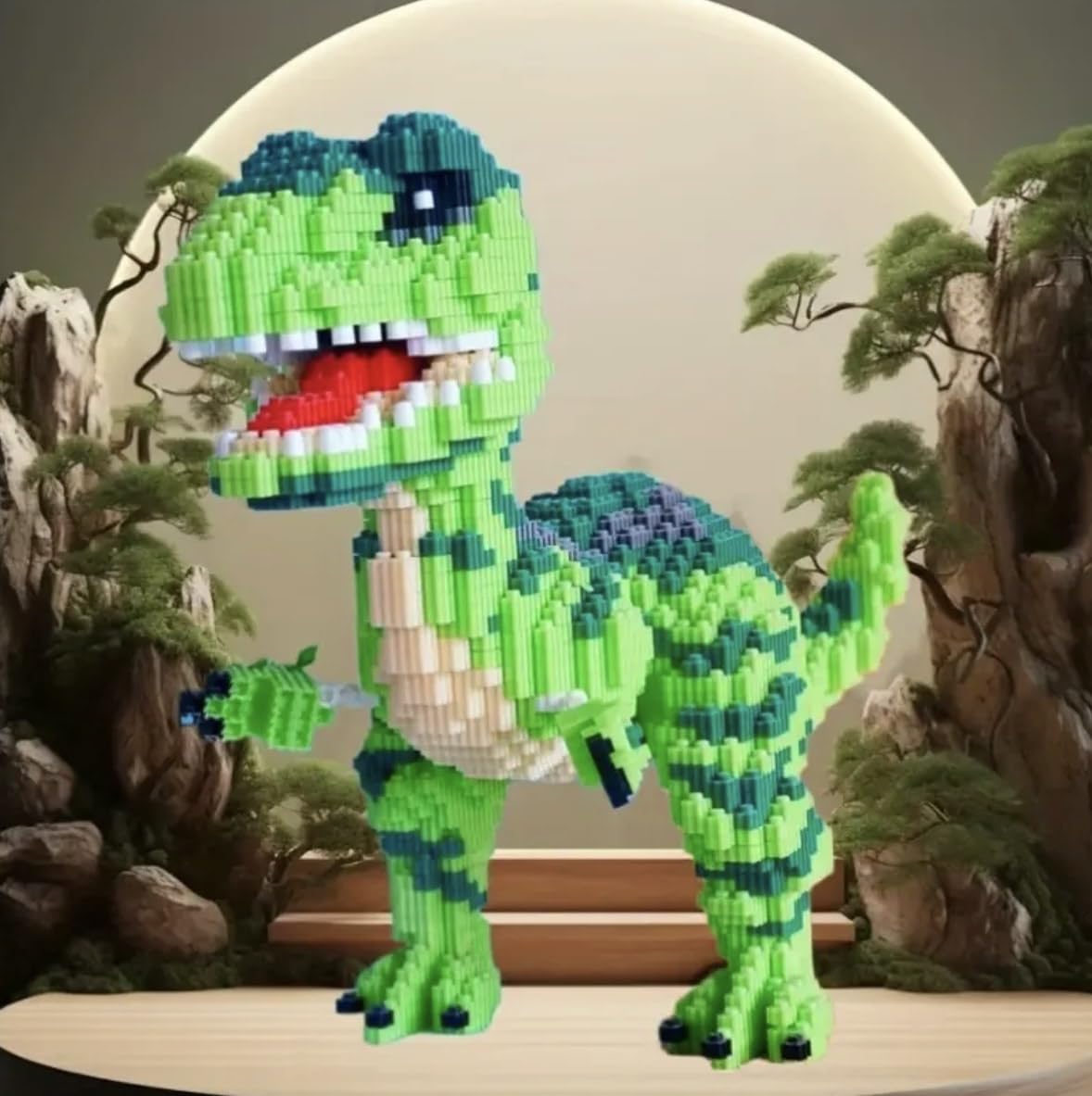 Large green dinosaur building block model in a room setting