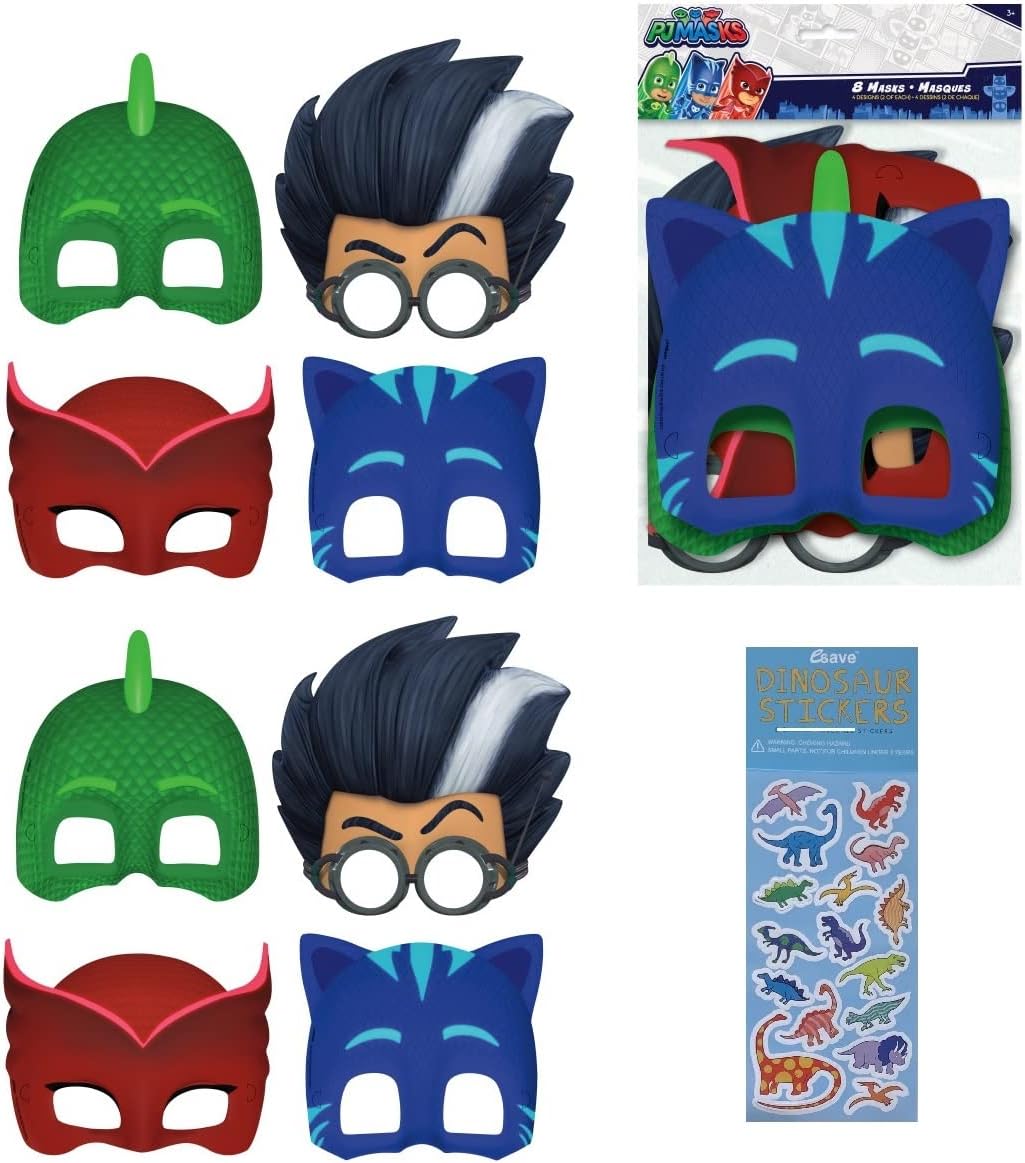 Unique PJ Birthday Party Supplies Favors Bundle Pack includes 16 Party PaperMasks and 1 Dinosaur Sticker Sheet