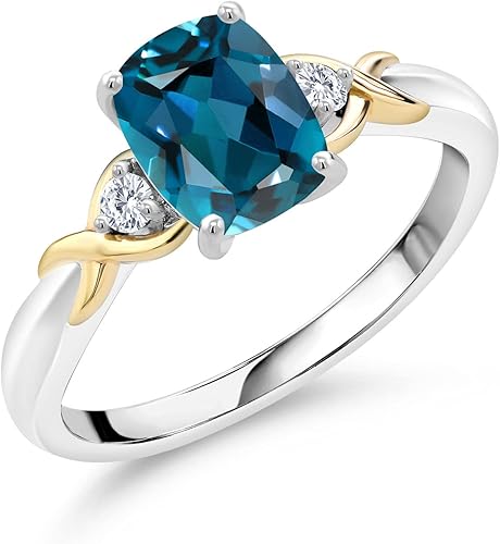 Gem Stone King 2 Tone 10K Yellow Gold and 925 Sterling Silver London Blue Topaz and White Lab Grown Diamond Women Ring (1.68 Cttw, Gemstone