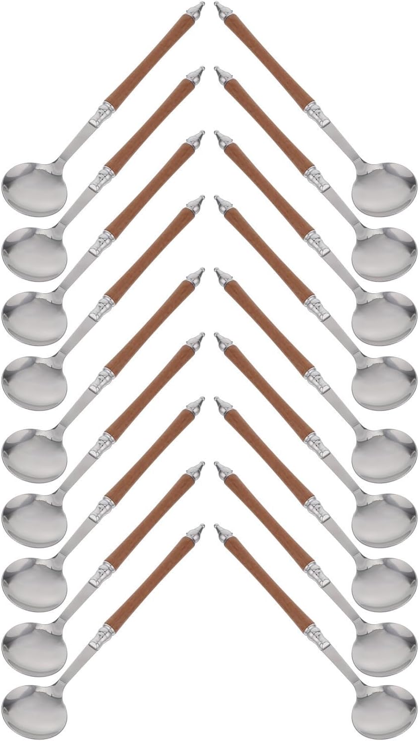 20pcs Stainless Steel Dessert Spoons with Wood Handle, Flat Soup Spoons with Comfortable Grip and Easy Cleaning, for Eating at Home and Special Occasions