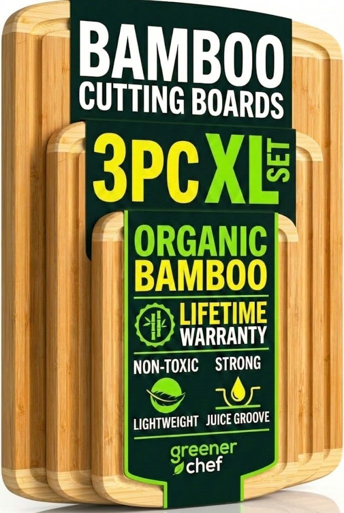 Greener Chef Luxury XL Bamboo Cutting Board Set of 3 with Vertical Grain Strength Technology - Extra Large Wood Cutting Boards for Kitchen and Lightweight Chopping Board Set - Replacements for Life