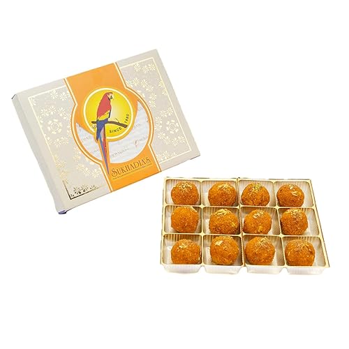 Sukhadia's Motichoor Ladoo- Dulce indio, caja de 16 onzas (12 piezas) - Fabricado en Estados Unidos