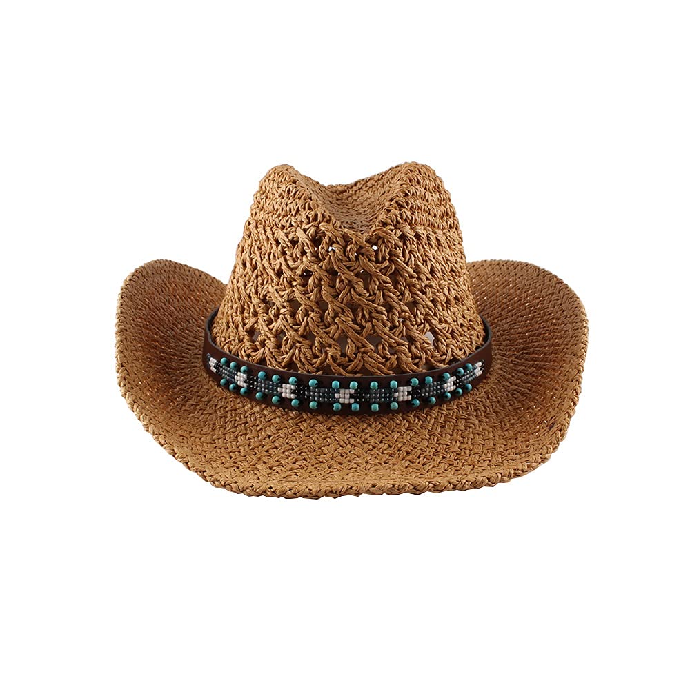 Cauplse Classic Western Style Rolled Cowboy Hat with Beaded Band, Hollow Cowboy Straw Hat for Men Women Outdoor Travel Wing Hat for Sun Beach,-Khaki|