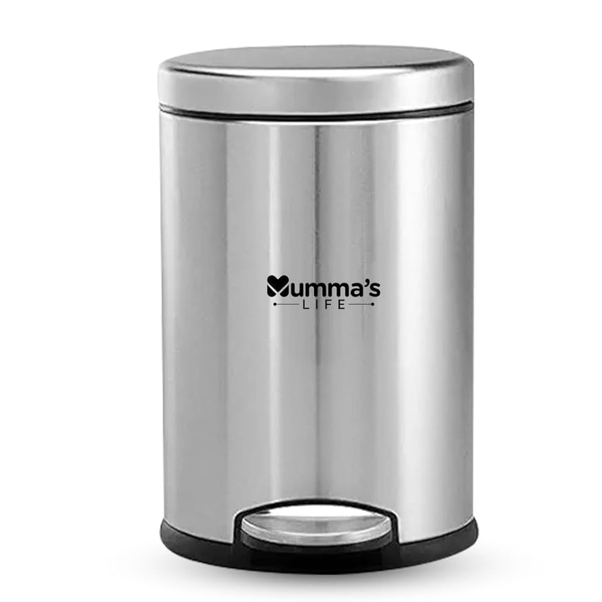 Mumma's LIFE 8L Dustbin for Home | Stainless Steel Pedal Dustbin | Lid & Plastic Bucket | Round Trash Can for Kitchen, Bathroom, Bedroom, Office | Indoor & Outdoor Use