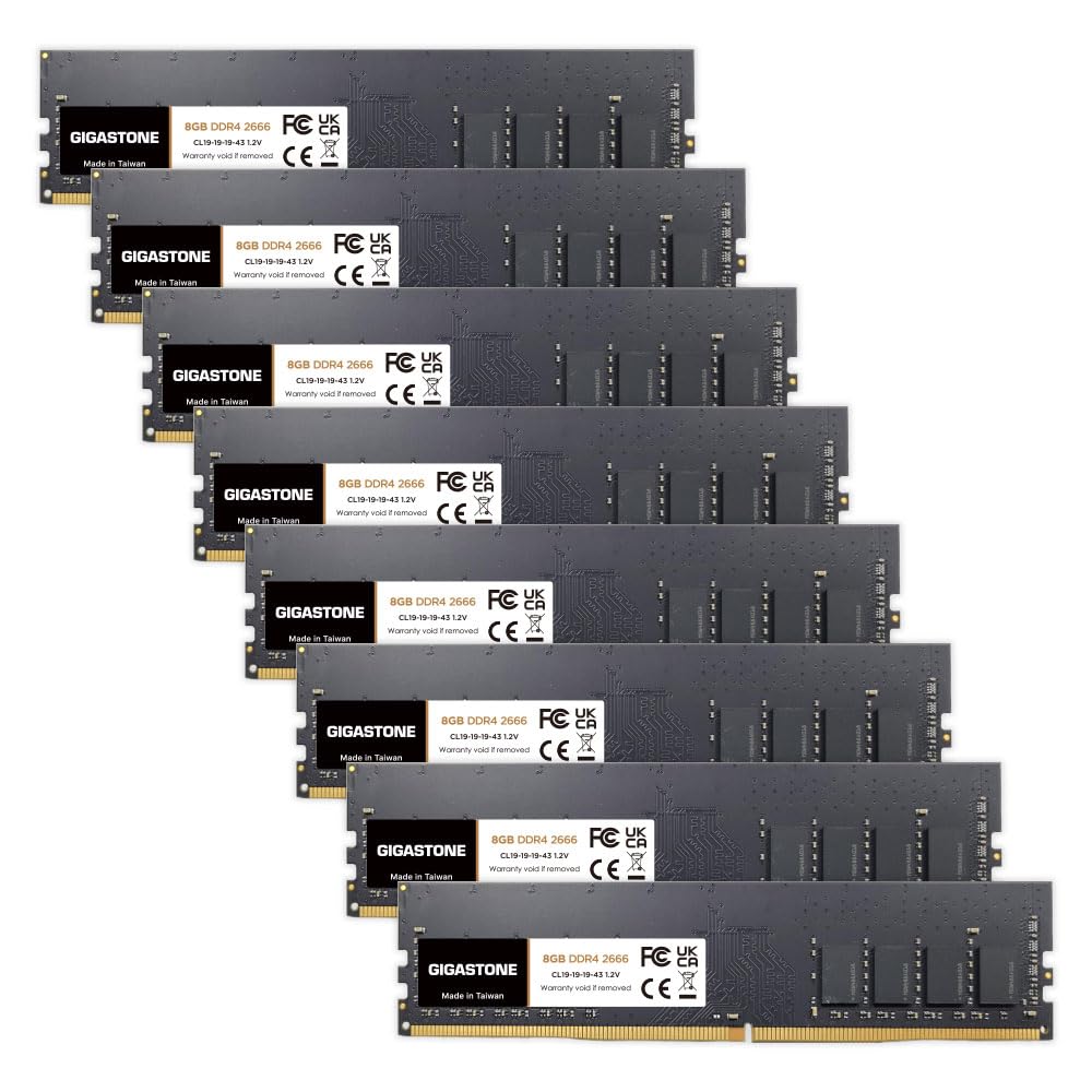 【DDR4 RAM】 GIGASTONE 64GB Kit (8x8GB) DDR4 2666MHz (2400MHz or 2133MHz) PC4-21300 (PC4-19200/17000) CL19 1.2V UDIMM 288 Pin Unbuffered Non ECC High Performance PC Desktop Memory Upgrade