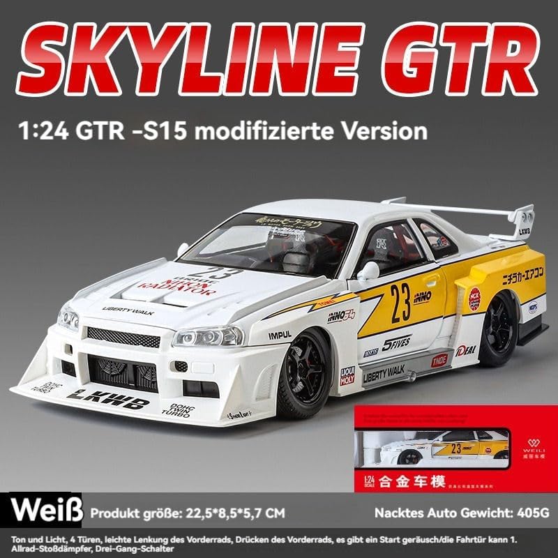 Image of 1:24 Nissan Skyline GT-R R34 Diecast Model Car, Pull Back Toy Car for Kids, Metal Collectible with Sound & Light, Gifts for Boys and Girls (White)