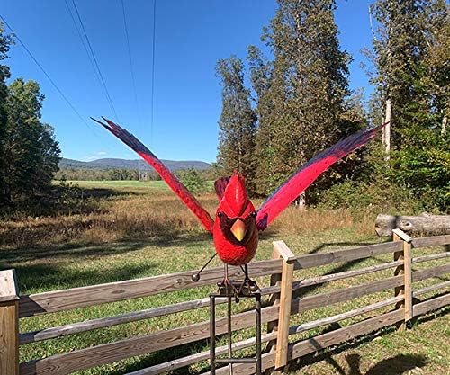 Esschert Staked Metal Giant Flying Cardinal Rocker – 84” H Outdoor Balancing Bird Sculpture – Red & Black Metal Yard Decor with Moving Wings – Steel Garden Ornament & Decorative Lawn Sculpture