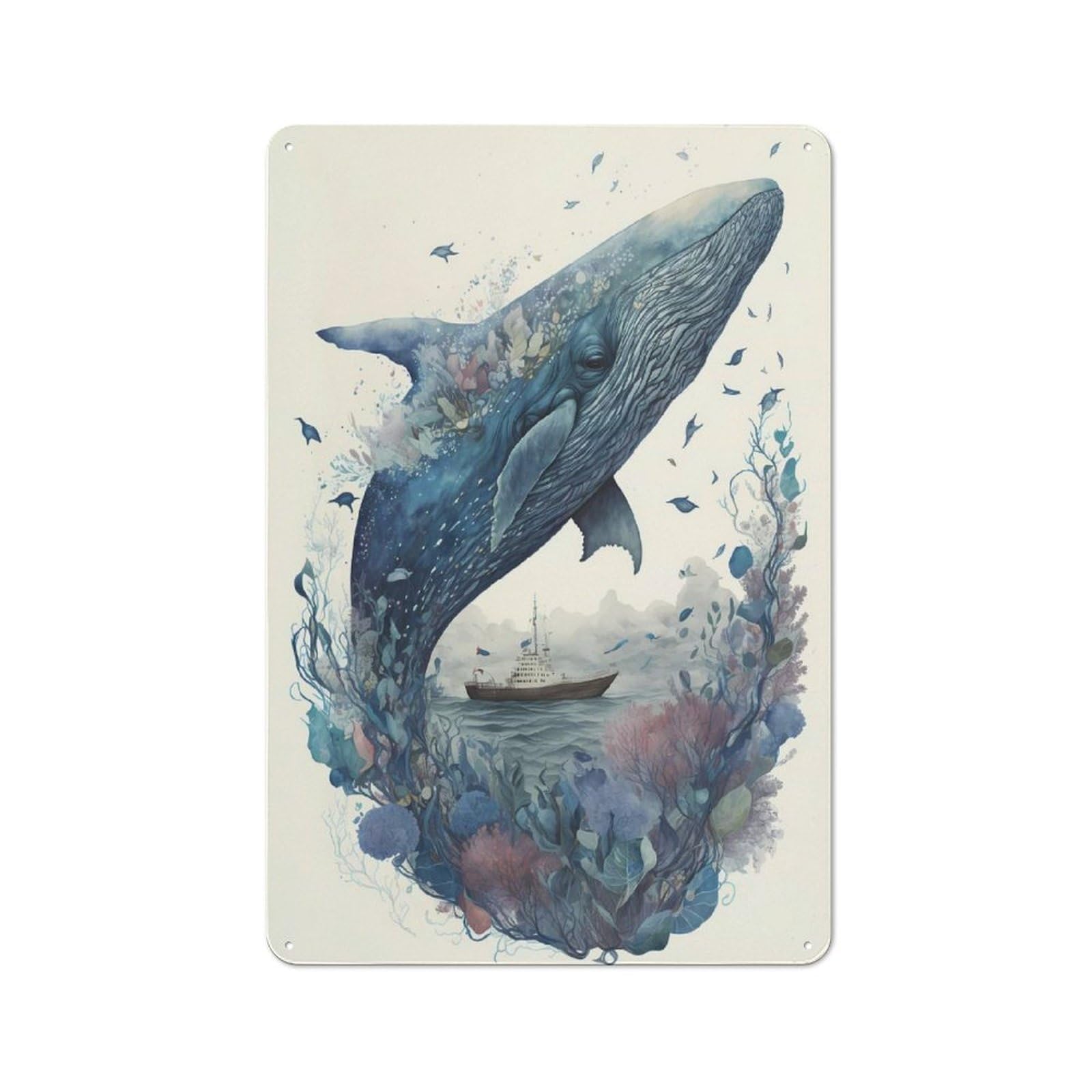 Junmoney Whale Mystical Metal Plaque 30X20cm With For Hallway Wall, Retro Decor, For Themed Interiors In Hallways And Entrance Areas