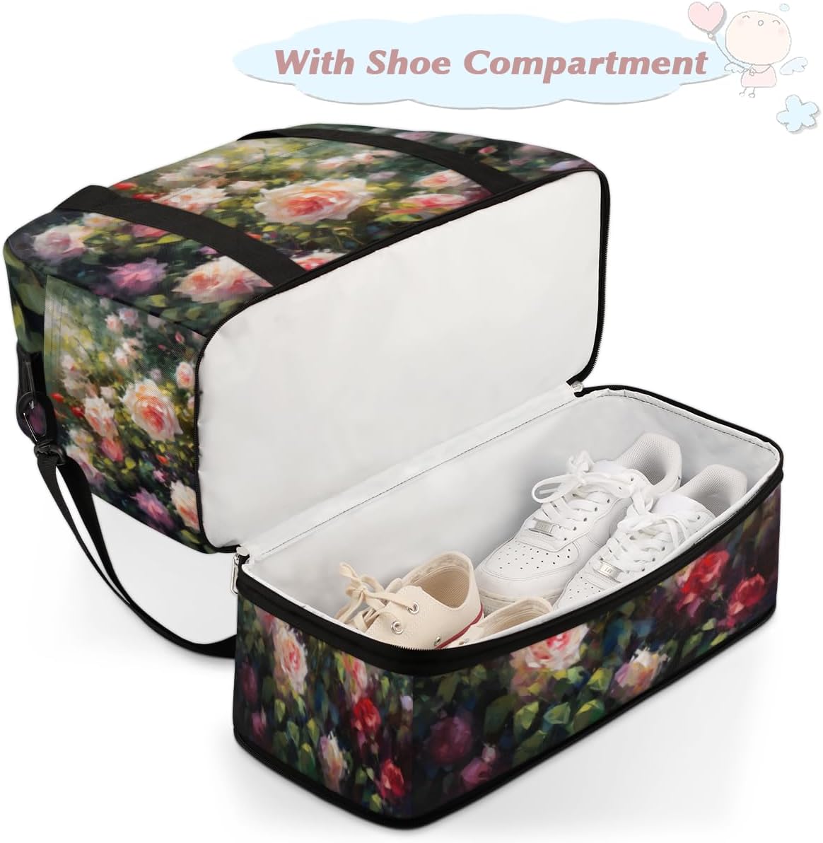 QsirBC Rose Flowers Design Gym Bag for Women Duffle Tote with Shoes Compartment Men Weekender Duffel for Dance Travel Sports Swimming Overnight