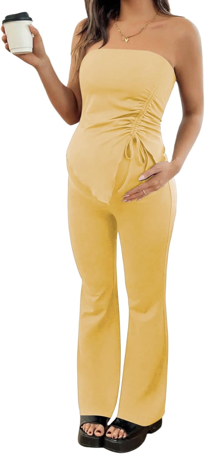 MakeMeChic Women's Maternity Sets 2 Piece Summer Outfits Ruched Tube Top and Pants Pregnancy Matching Set