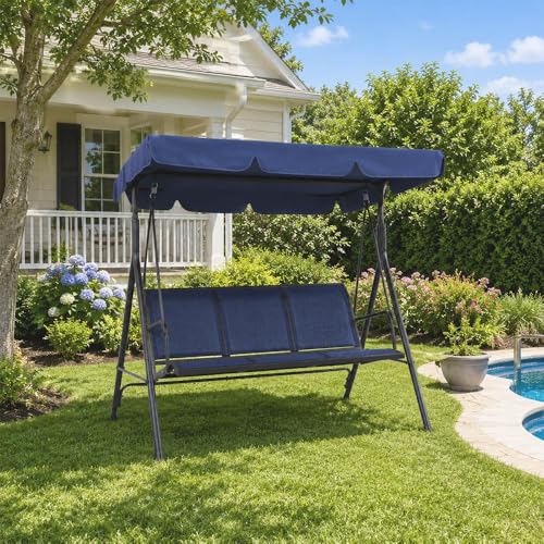 Image of Yaheetech Outdoor Porch Swing Chair for Adults, 3-Seat Patio Sunset Hanging Swing w /Texteline Fabric & Adjustable Canopy & Armrests, Canopy Lounge Chair for Backyard /Garden /Balcony, Blue | Weatherproof Material, Adjustable Sunshade, Removable Cushions, Lounge Seating, Sturdy Frame for Garden, Pool, Yard, Porch