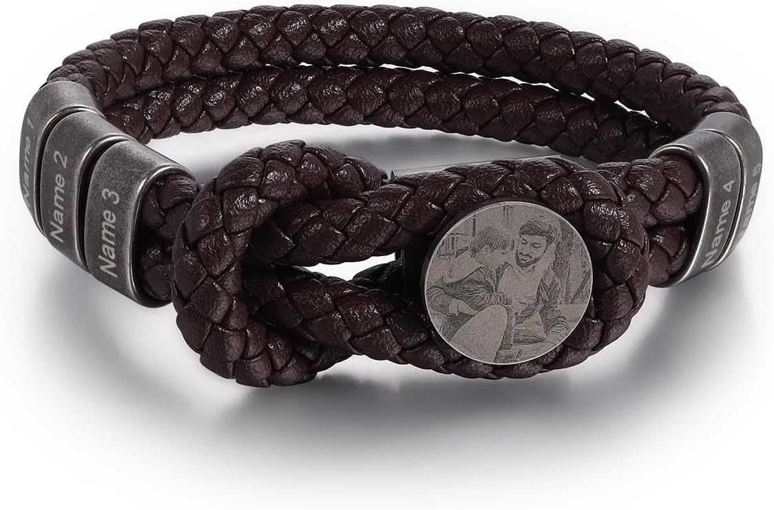 ROSI Personalised Photo Leather Bracelet for Men Women, Black Braid Leather Father Bracelet with 2-6 Names, Customized Beaded Engraved Name ID Bracelet Gift for Mom Dad Boyfriend Husband Men