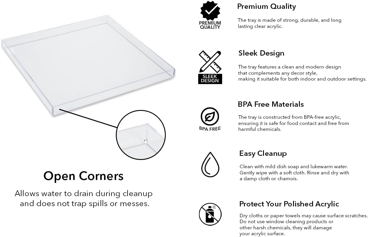 Black Acrylic Organizer Tray, 12 x 12 Low-Profile Display & Vanity Tray – BPA-Free, Bathroom, Desk, Decor & Serving (Dry Use Only) - Made in USA