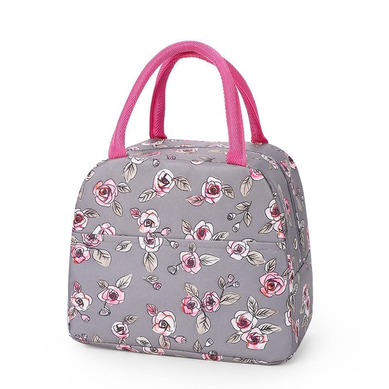 Qshare Insulated Lunch Bag for Women, Reusable Nylon Thermal Tiffin Storage Bag, Leak-Proof Lunch Organiser for Office, School, Outdoor, Stylish Printed Lunch Tote Bag for Daily Use (Dusty Pink)-image-1