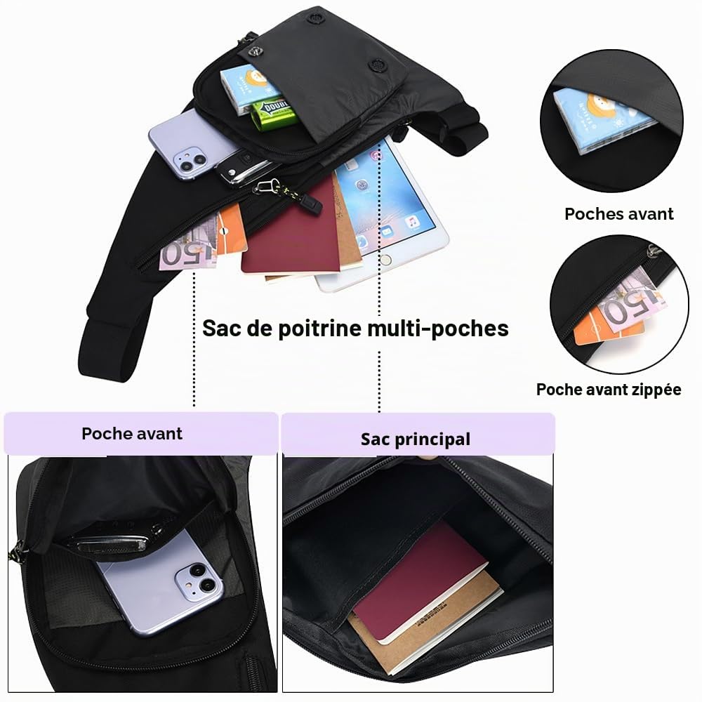 A-QMZL Sac à bandoulière pour homme et femme - Sac de poitrine fin et antivol - Imperméable et léger - Plusieurs poches - Sac à bandoulière pour voyage, sport, randonnée