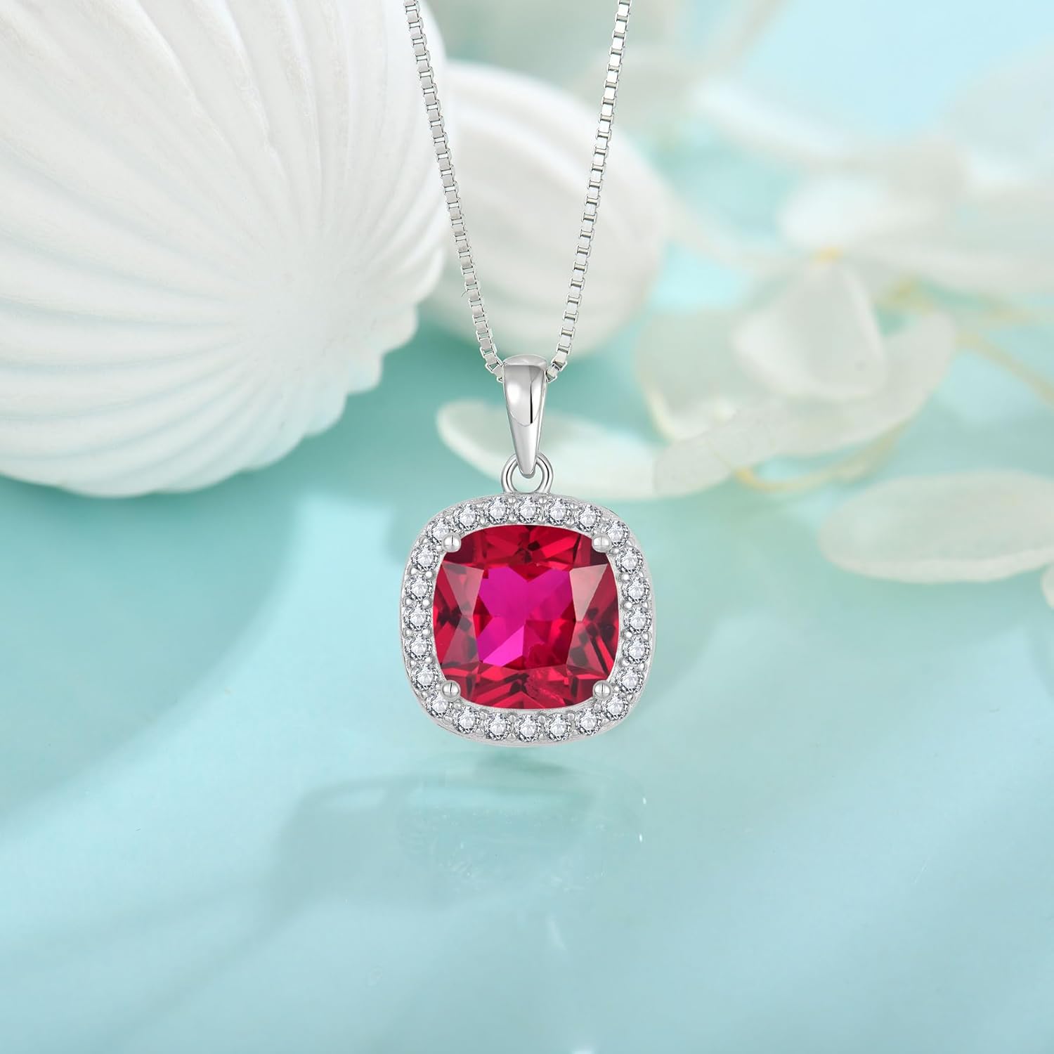 Birthstone Necklace for Women 925 Sterling Silver Princess Cut Halo Necklace Pendant Jewelry Gifts for Her - Image 4