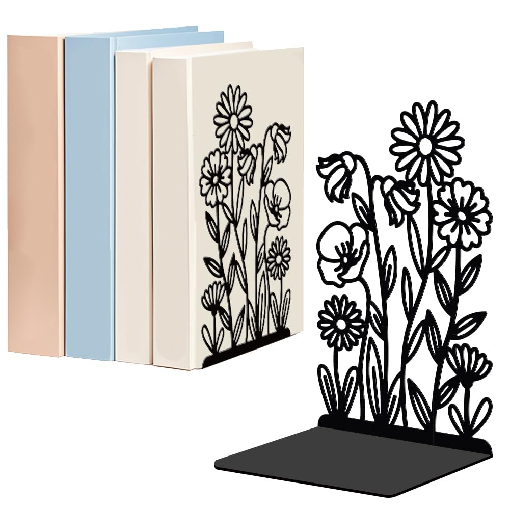 WADORN 1 Pair Wildflowers Metal Decorative Bookends, Daisies Flowers Heavy Duty Book Ends Black Non-Skid Book Holder Stopper for Home Office School Library Dorm Back to School Gift, 5.3x4.3x7.9 Inch