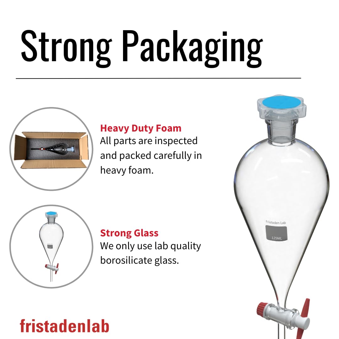 American Fristaden Lab 125 mL Separatory Funnel with PTFE Stopcock Valve | Lab Quality Borosilicate Glass | 24/29 Joint Size | Separation Funnel for Lab Use (Transparent Glass, 125ml)