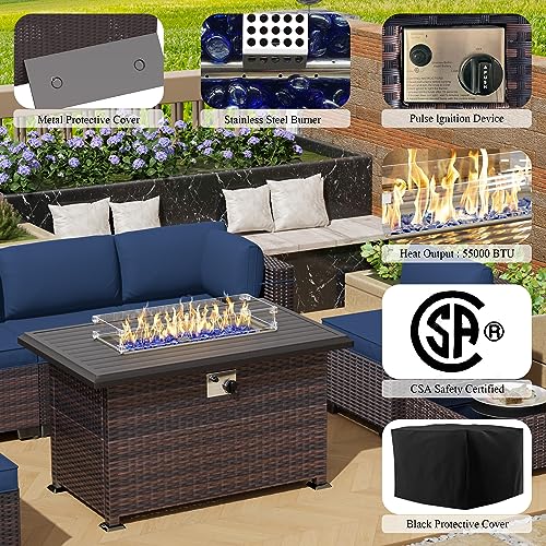 Image of 13 Pieces Outdoor Patio Furniture Set,Outdoor Sectional Furniture with 43 inch 55000 BTU Gas Propane Fire Pit Table,PE Rattan Wicker Patio Conversation Set with 10 Thickened Cushions,Navy Blue