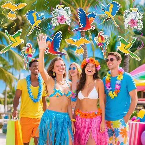 Image of Tropical Birds Hanging Swirls Decorations, 30 Pcs | Hawaiian Toucan Parrot Hanging Swirl Foil Ceiling Decor for Hawaiian Luau Tiki Bar Jungle Rainforest Summer Beach Pool Party